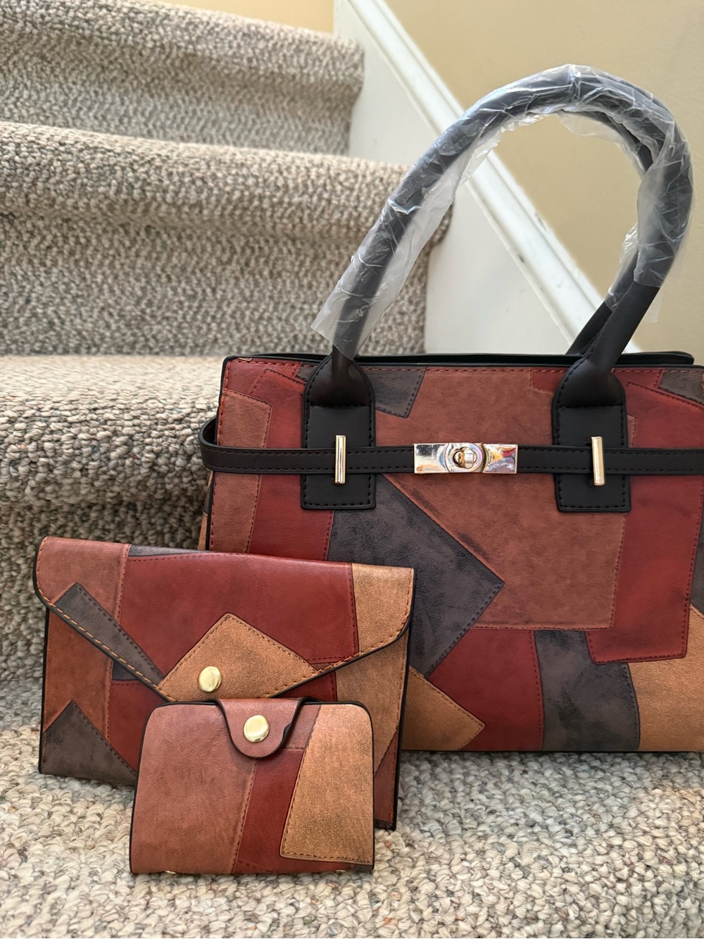 3pc Patchwork Print Handbag Set - Picture 3 of 7